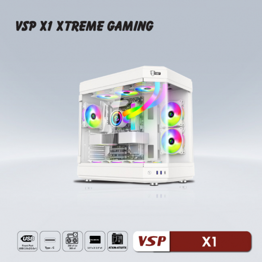 Thùng máy Case VSP X1 Extreme Gaming | Đen / Trắng, Không Fan