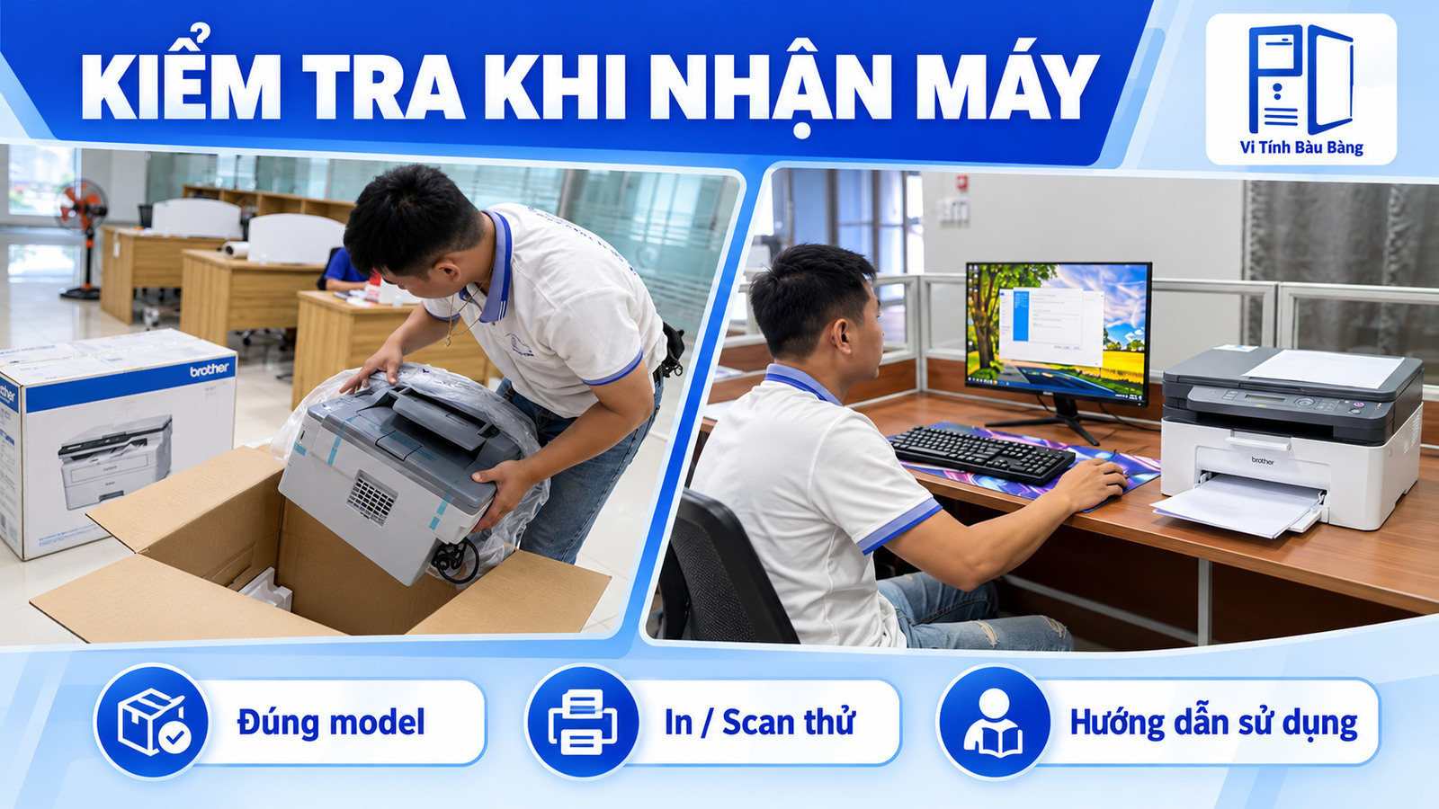 Kỹ thuật viên kiểm tra máy in khi lắp đặt