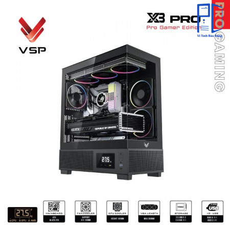 Thùng máy VSP X3 Pro Gamer Edition Monitor - Đen, không kèm fan